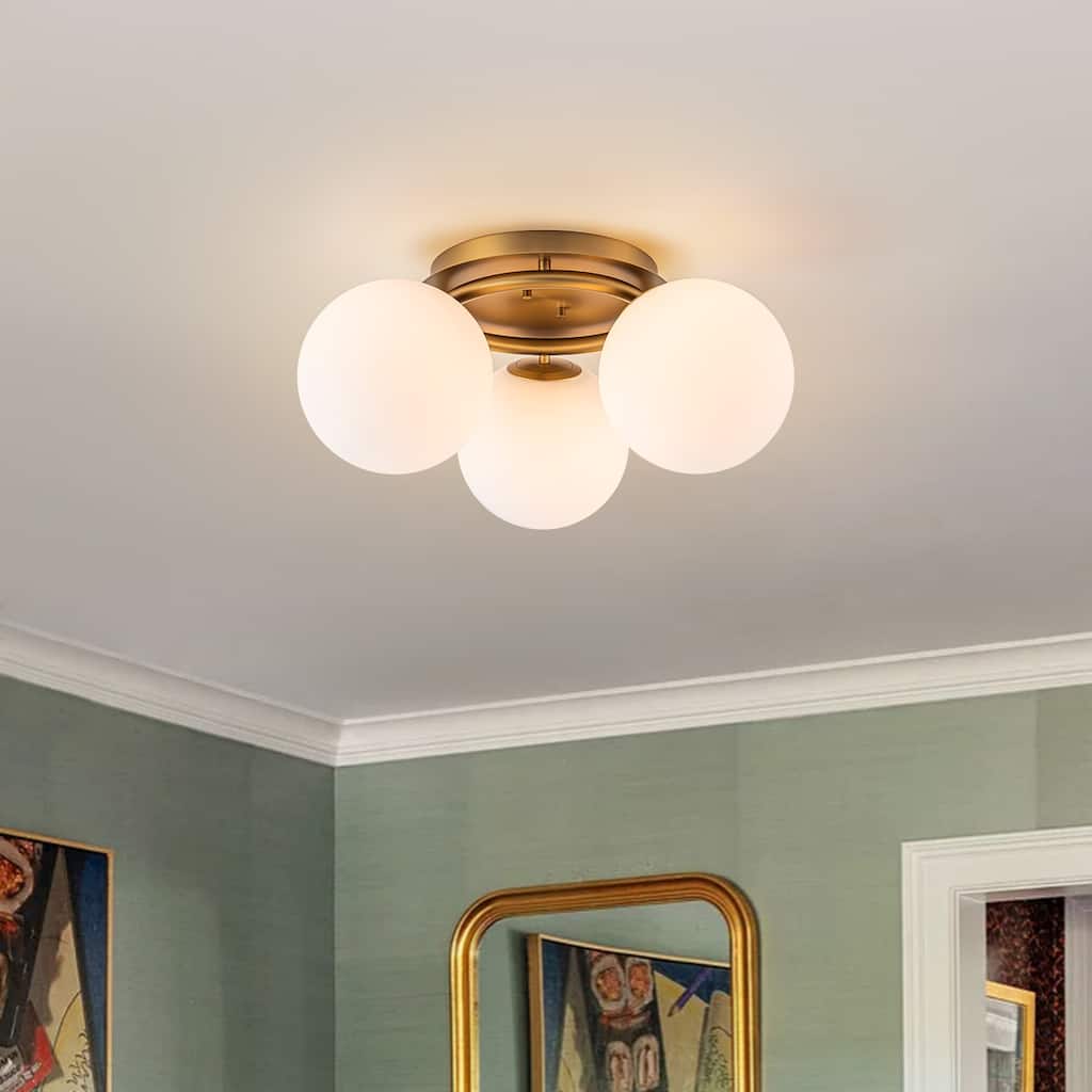 Modern 3-Light Flush Mount Ceiling Light with Opal Glass Globe Shades - Brass