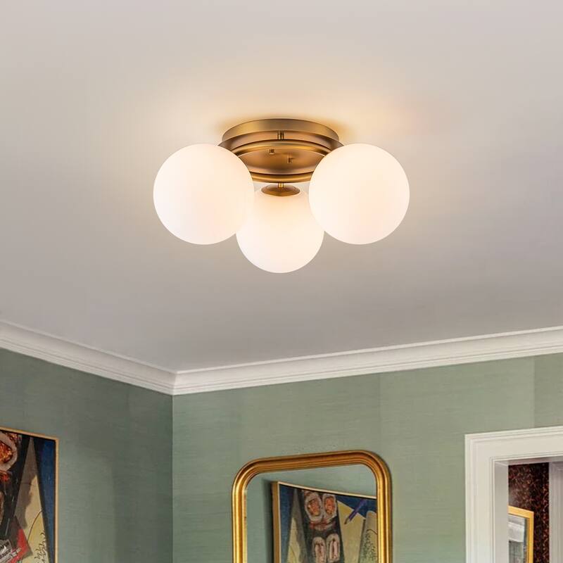 Modern 3-Light Flush Mount Ceiling Light with Opal Glass Globe Shades - Brass