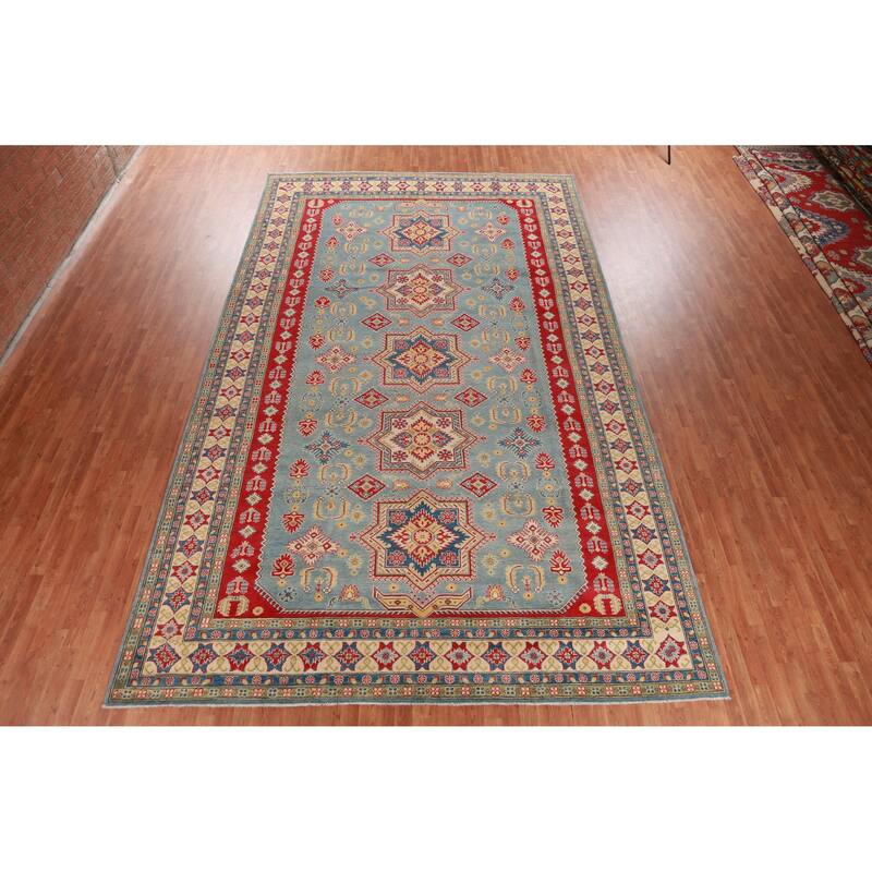 Hand Knotted Oriental 100% Wool Carpet Traditional Geometric Navy Blue & Blues Kazak Area Rug - 16' 3'' X 9' 10''