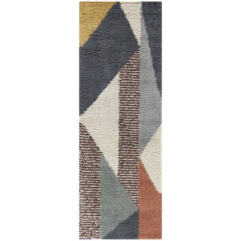 Merril Mid-century Modern Color Block Shag Area Rug - 2'2" x 7' Runner - Navy