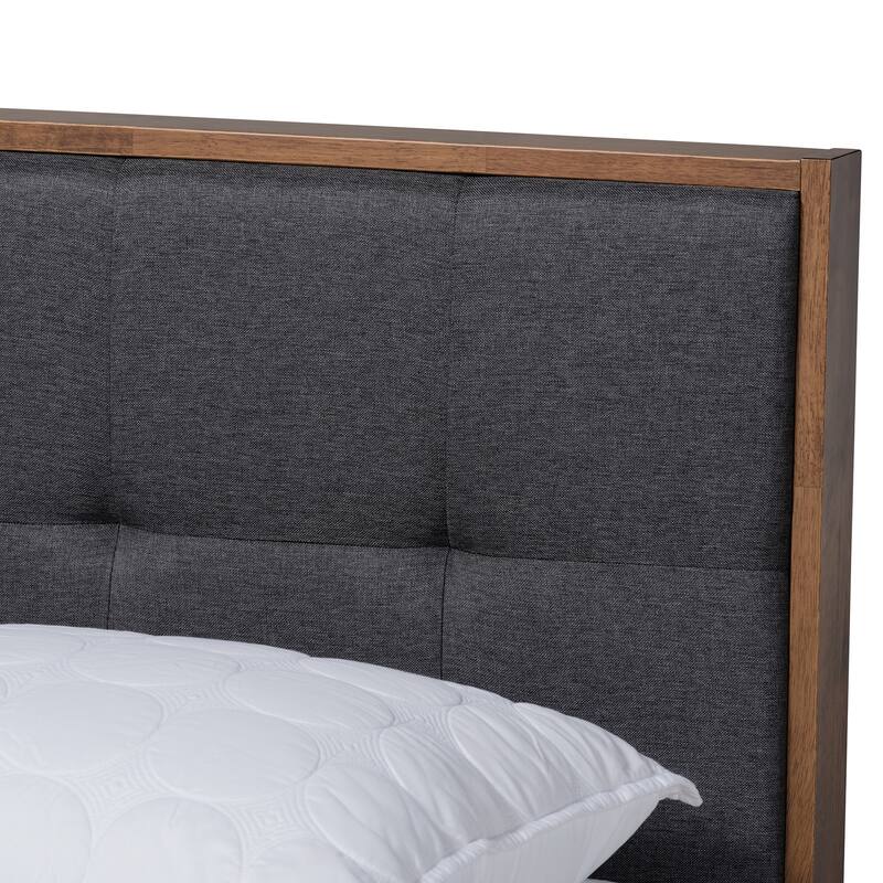 Queen Size Platform Bed - Upholstered Fabric Bed with Headboard & Slats - Dark Grey & Walnut Finish
