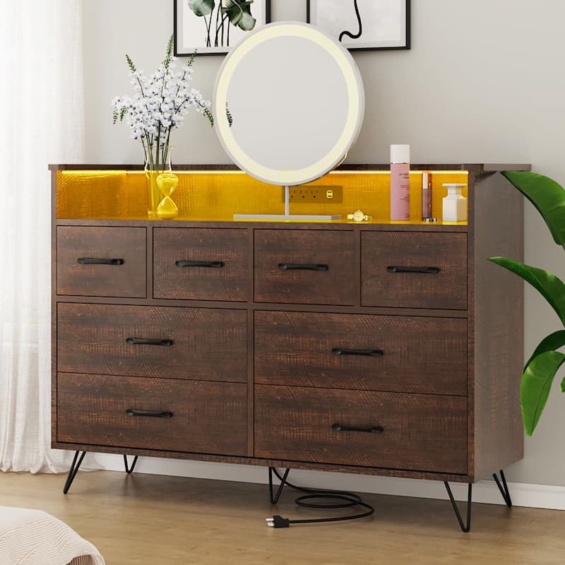 8 Drawer Dresser for Bedroom with LED Light, Charging Station & Open Shelf - Brown