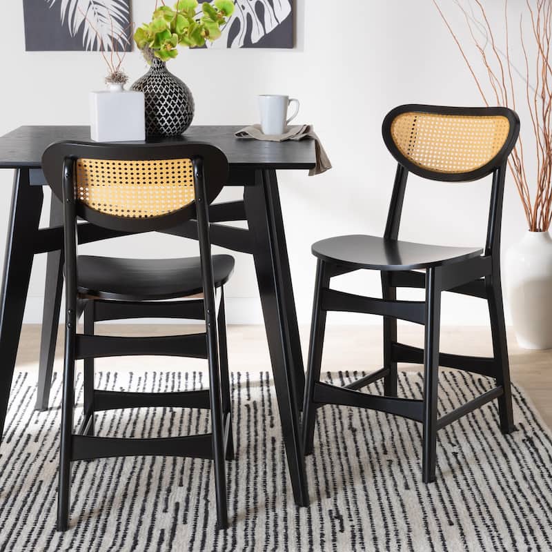 Hesper Mid-Century Modern Wood and Rattan 2-Piece Counter Stool Set
