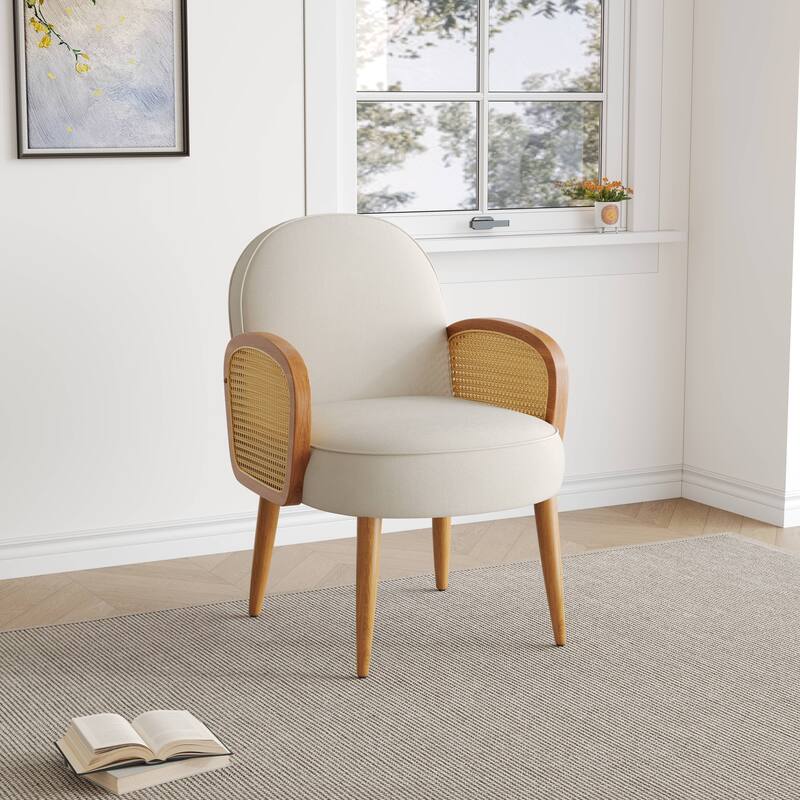 Velvet Accent Chair with Rattan Armrests