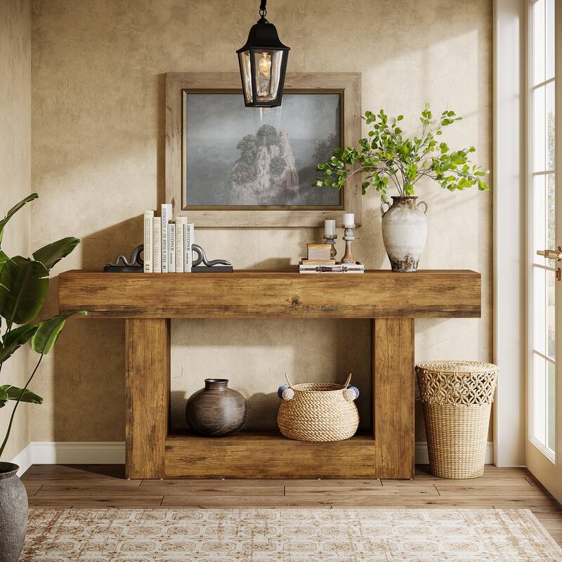 63 Inches Brown/ Gray Wood Console Table, Farmhouse Entryway Table for Hallway