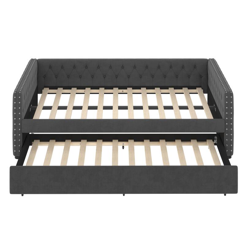 Upholstered Tufted Full Size Daybed with Twin Trundle, Gray