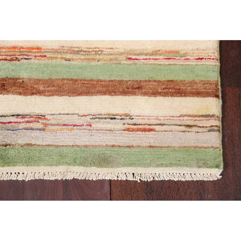 Green Striped Gabbeh Kashkoli Oriental Wool Runner Rug Hand-knotted - 2'8" x 17'9"