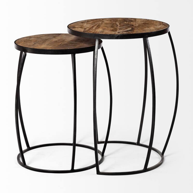 Clapp IV Medium Brown Solid Wood w/ Black Iron Frame Nesting Accent Tables - 20"L x 20"W x 26"H