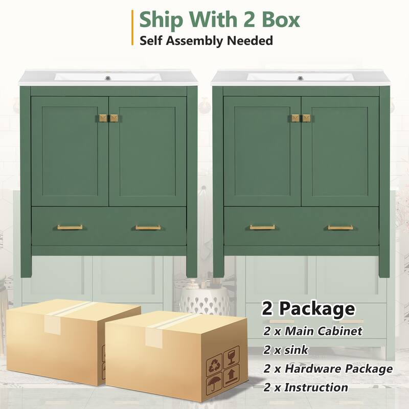 60" Green Bathroom Vanity Set with Double Vanities (Separate), Double Ceramic Sinks,Storage Shelf,and Divided Drawers