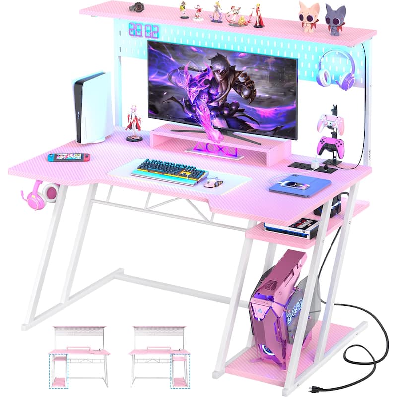 Gaming Desk with Hutch and LED Lights, Computer Table with Storage Shelves