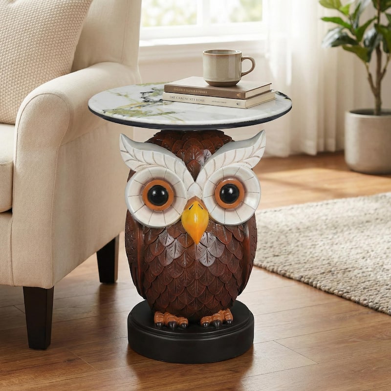 Owl Accent Table Animal Statue End Tables Livingroom - Brown + Antique White