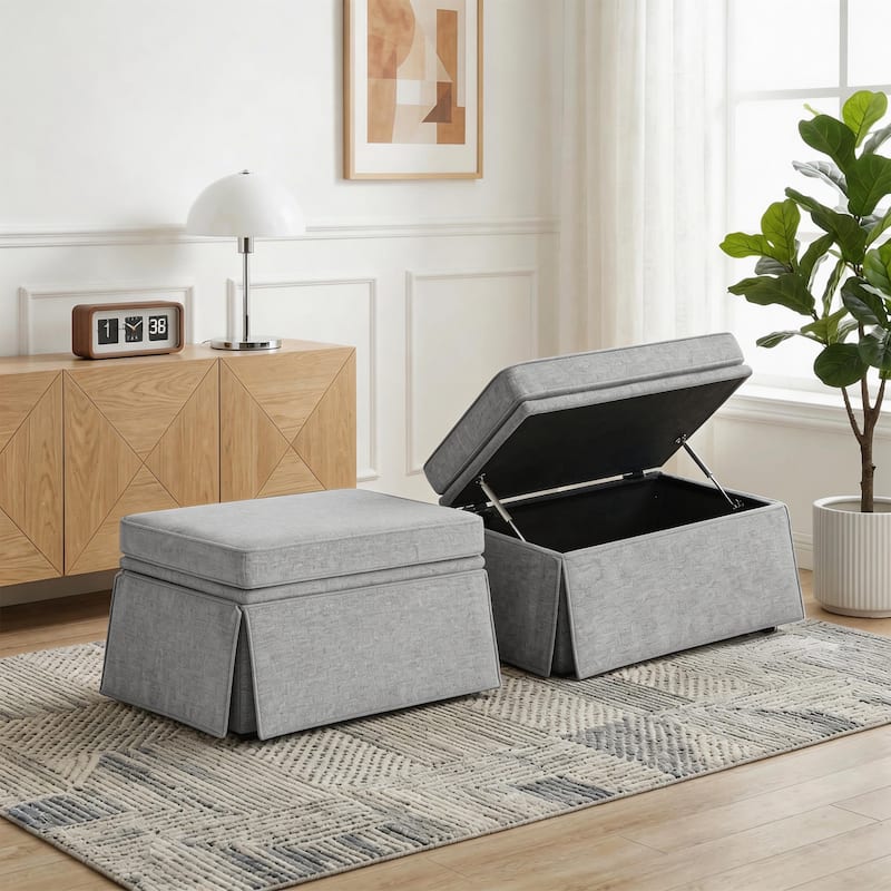2 Set Rectangle Chenille Upholstered Storage Ottoman - Light Grey