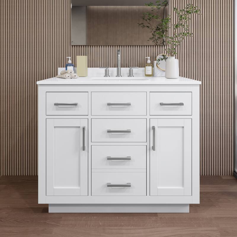 Wyndham Collection WCG262642S-QTZ-US3MXX Beckett TK 42" Free Standing - White / White Quartz Top / Brushed Nickel Hardware