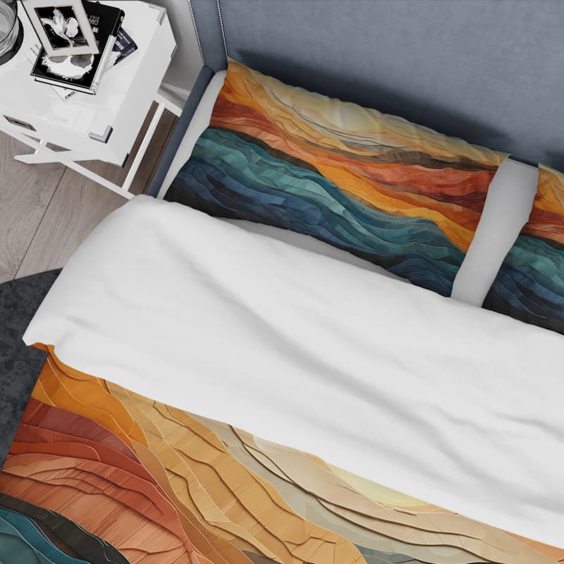Designart "Coral Teal Bold Mountains Landscape" Coral Traditional - Bedding Set With Shams