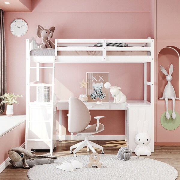Twin Size High Loft Bed with Drawers Cabinet Shelves and Desk