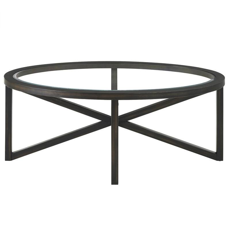 Modern Round Glass Coffee Table with Solid Wood Base, Tempered Glass Top for Living Room, Terrace, Study