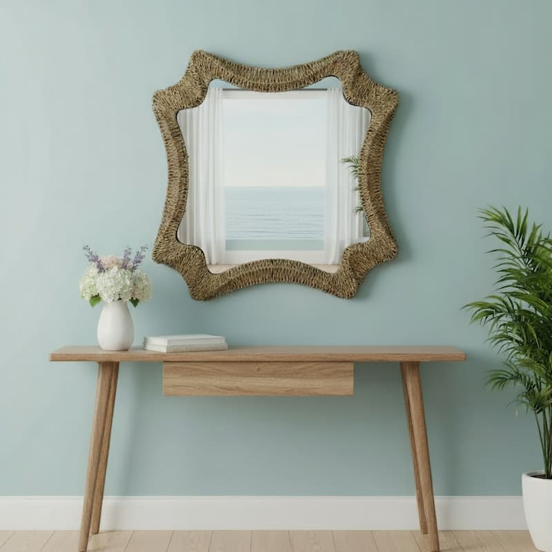 HomeRoots 38" Brown Abstract Floating Rope Framed Accent Mirror - 36.50 in. x 38.00 in. x 2.00 in. - 36.50 in. x 38.00 in.  x 2.00 in.