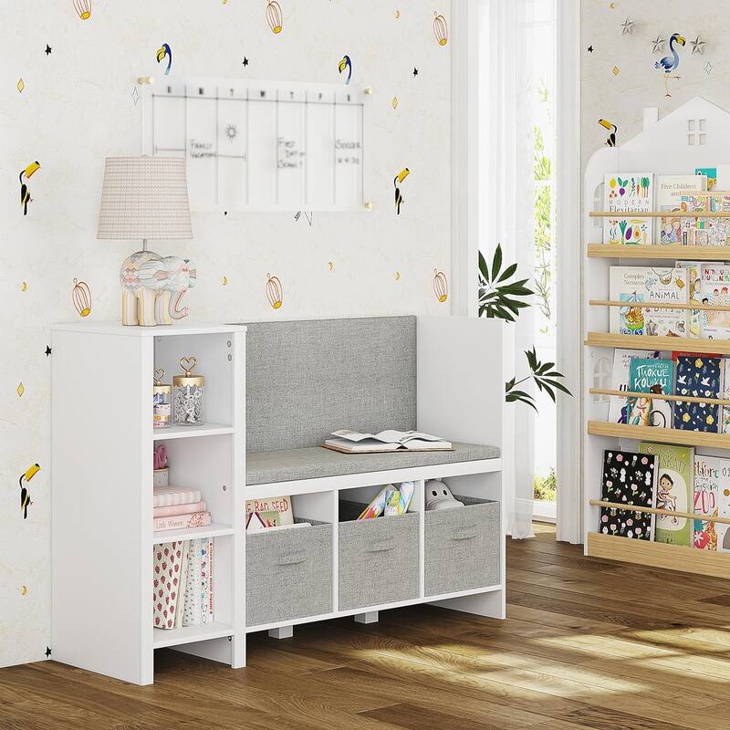 COSTARS Kids Bookshelf with Reading Nook, Toddler Bookcase Bench and Toy Storage Organizer with Seat and Back Cushion