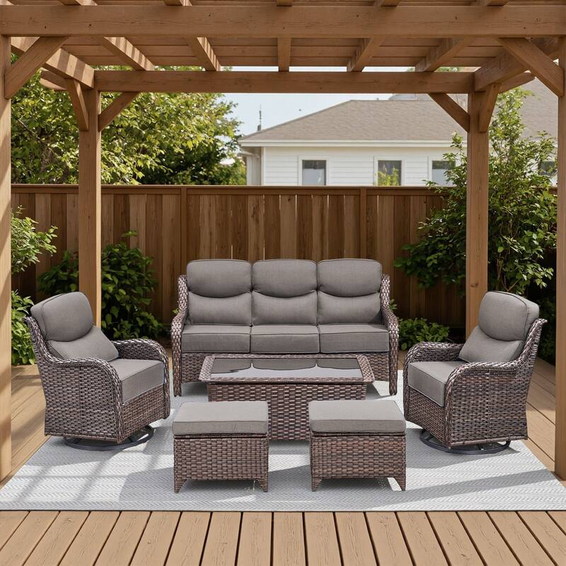 Arcadia 6-Piece Wicker Patio Conversation Set with Swivel Gliders and 6-Inch Thick Olefin Cushions - Gray Cushions - Brown Wicker