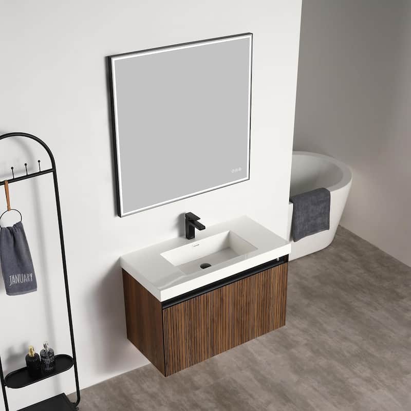 Blossom Lille Brown Walnut Floating Vanity with LED & Acrylic Sink
