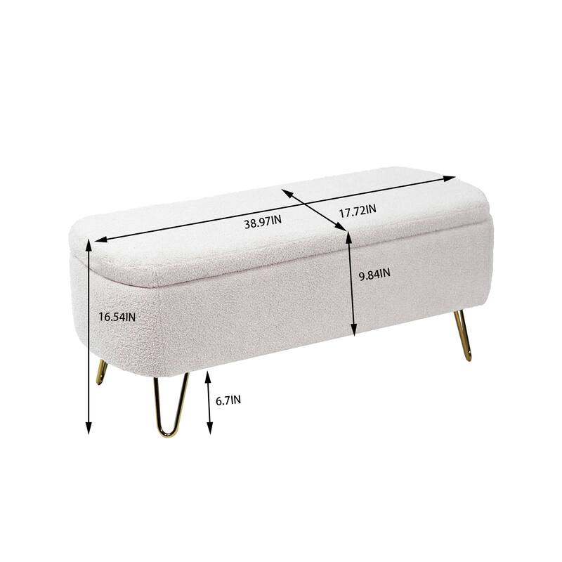 Ivory White Gold-Leg Storage Ottoman Bench for Entryway & Bedroom Chic
