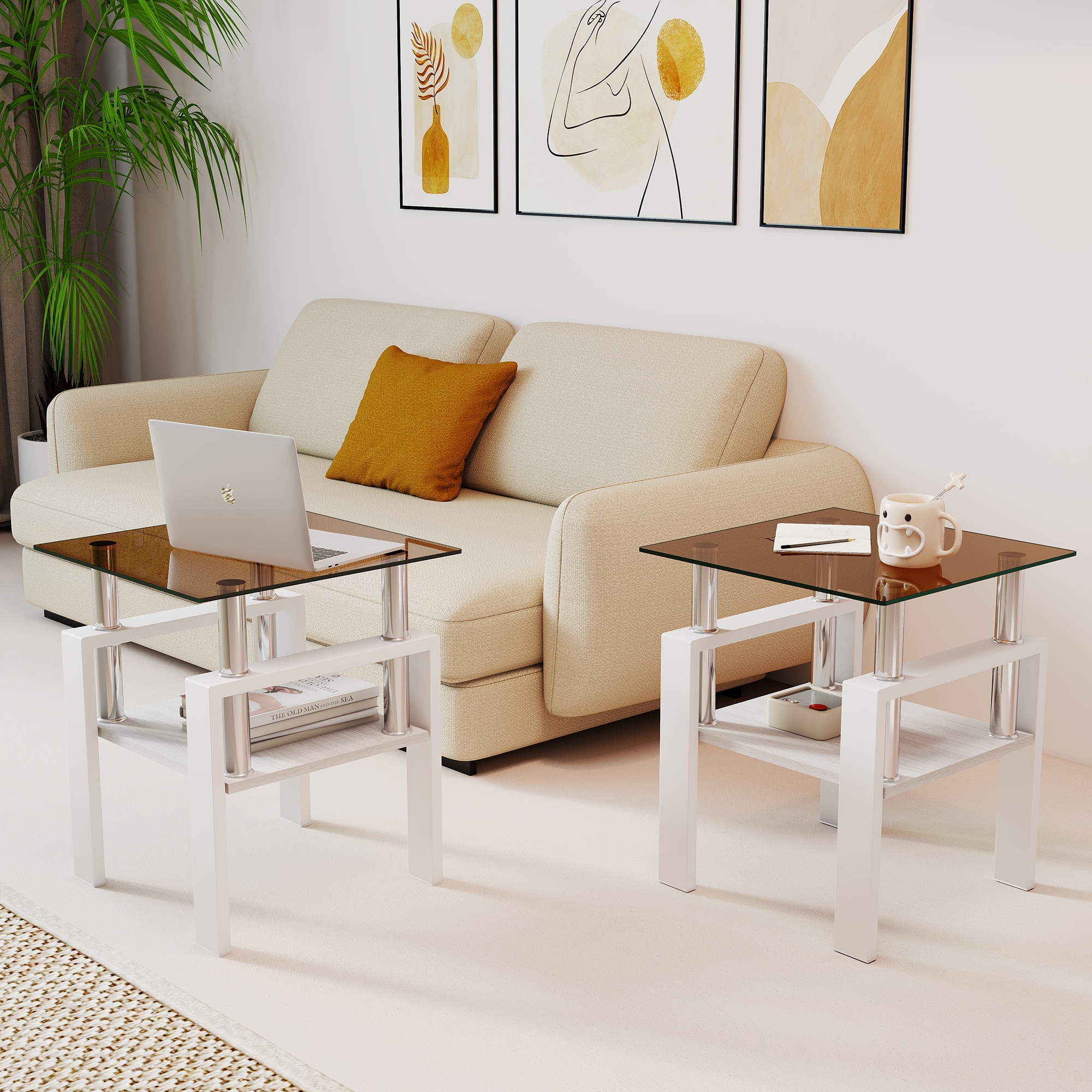 Set of 2 Modern Tempered Glass Tea Table ,Tempered Glass Tabletop with MDF Layer,Coffee Table,End Table, Square Table