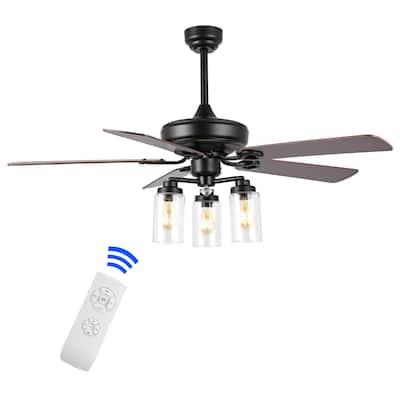Erin 52" 3-Light Rustic Industrial Iron/Wood/Seeded Glass Mobile-App/Remote-Controlled LED Ceiling Fan, by JONATHAN Y