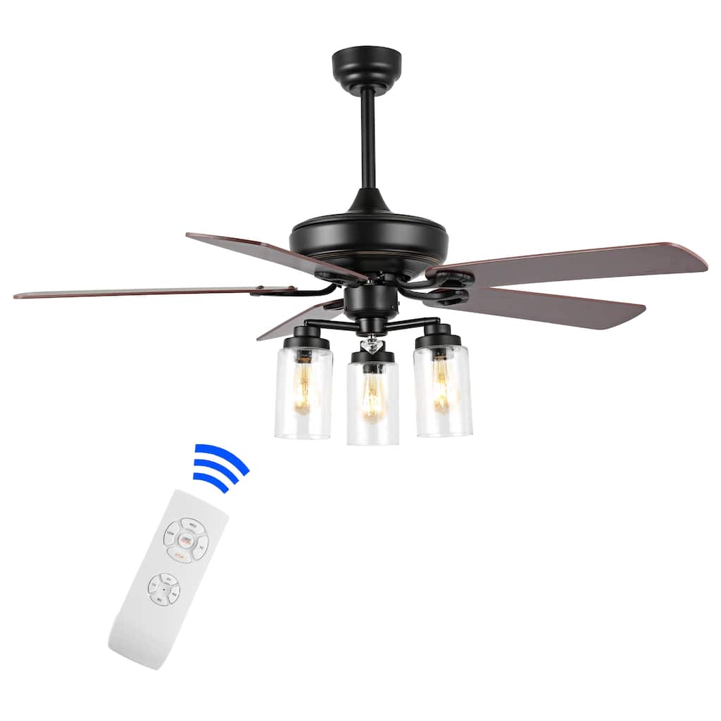 Erin 52" 3-Light Rustic Industrial Iron/Wood/Seeded Glass Mobile-App/Remote-Controlled LED Ceiling Fan, by JONATHAN Y