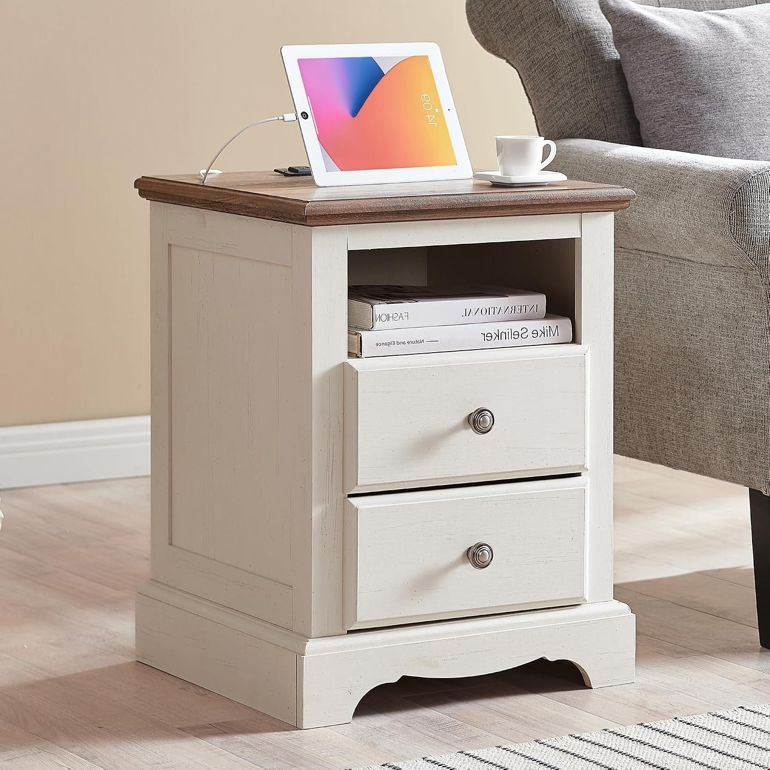 Vintage Wood Nightstand with Charging Station, End Table, Side Table