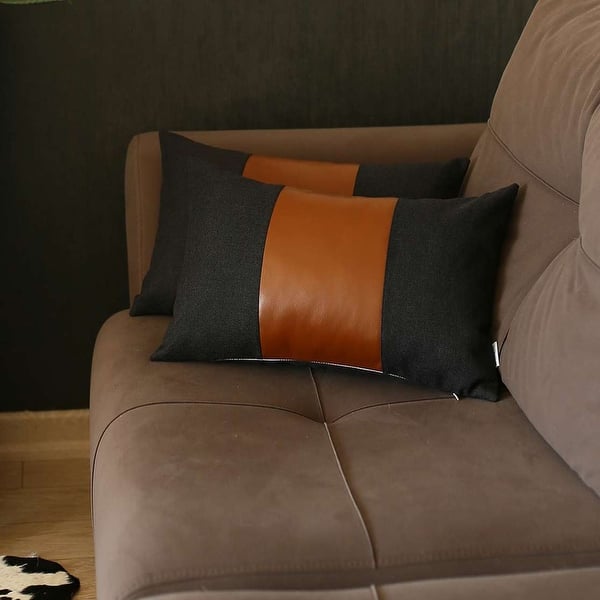 Set Of Black Faux Leather Lumbar Pillow Covers Bed Bath