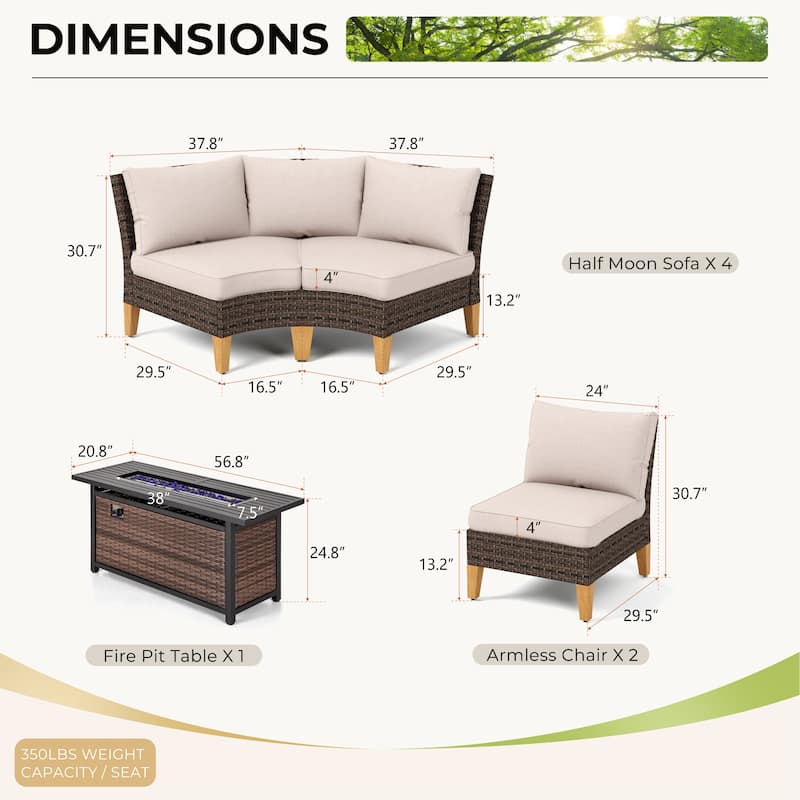 6-11 Piece Patio Outdoor Wicker Sectional Sofa Half-Moon Furniture Set Large Seating Conversation Sets with Fire Pit Table