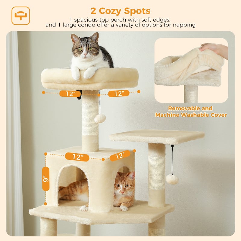 64.5" Cat Tree with Sisal-Covered Scratching Posts, 2 Padded Perch, Dual Condo and Basket