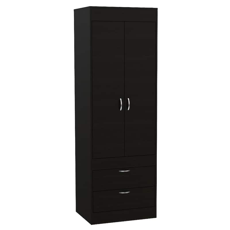 18.9" Modern Double-door Armoire with Two Drawers and Hanging Rod for Bedroom