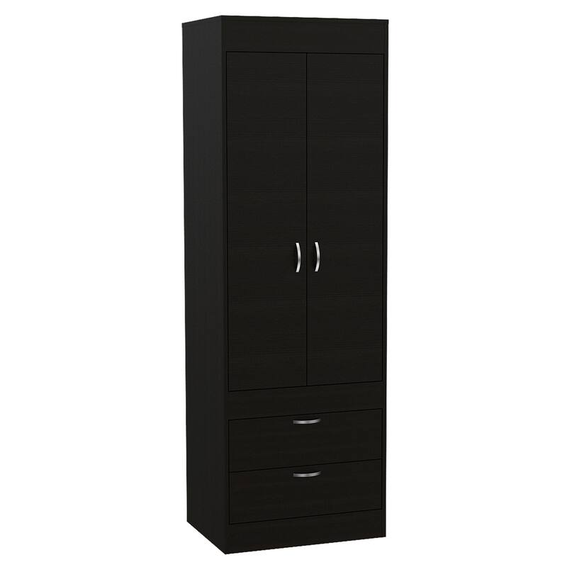 Versatile Wardrobe Armoire Closet Storage Cabinet with Double Doors, Two Drawers, and Hanging Rod - Elegant and Space-Saving