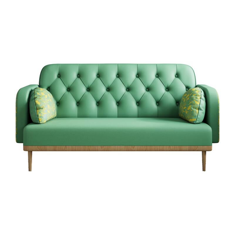 Modern Upholstered Two Seater Green Sofa with Tulip Pattern, Solid Wood Frame