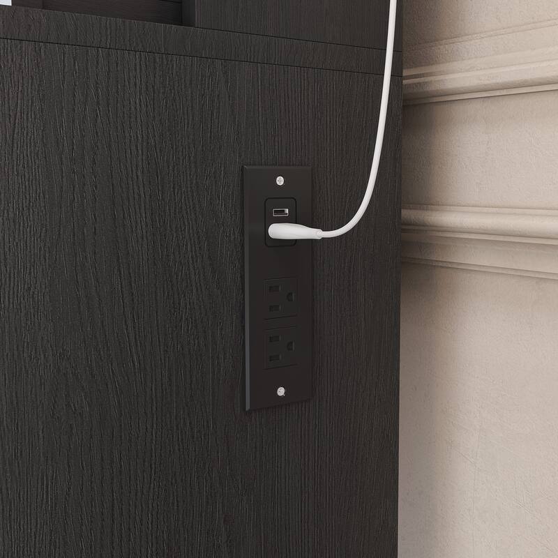 Compact Vanity Table Makeup Vanity Desk Set with Stool, Power Outlet & Hairdryer Holder