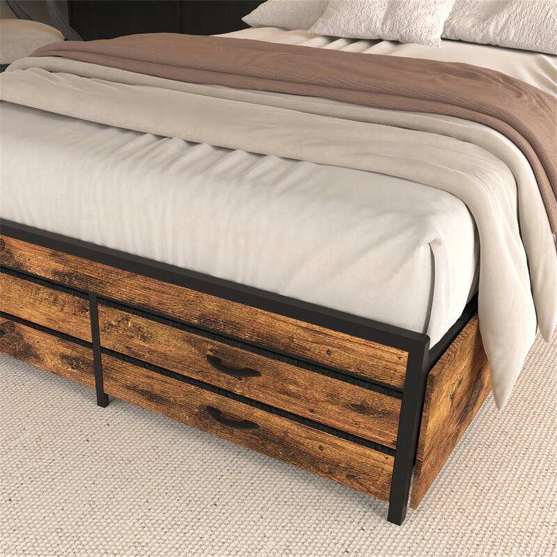 Full/Queen Size Metal Bed Frame w/ Drawers,LED Headboard,Charging Station
