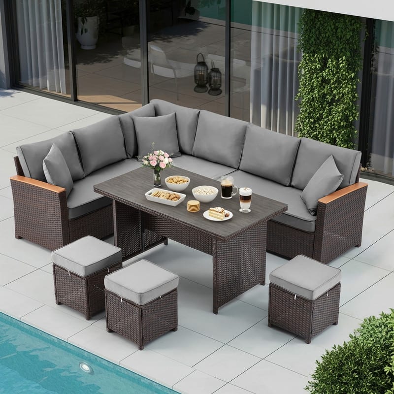 7-Piece Outdoor Sectional Set w/ Dining Table – All-Weather PE Rattan Patio Furniture for Garden, Poolside & Backyard - Khaki