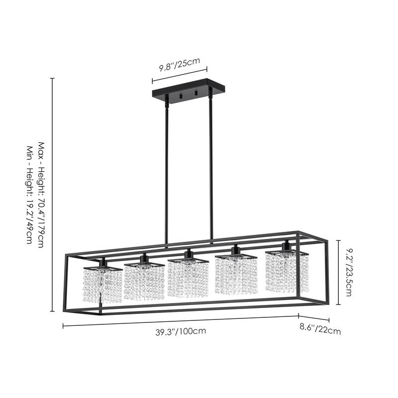 5-Light Modern Black Glam Rectangular Island Large Crystal Chandelier - 39.37 in. W x 8.66 in. D x 8.66 in. H