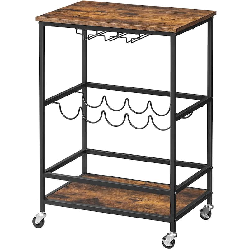 Industrial Bar Serving Cart with Casters, Glass Holders, Wine Holders