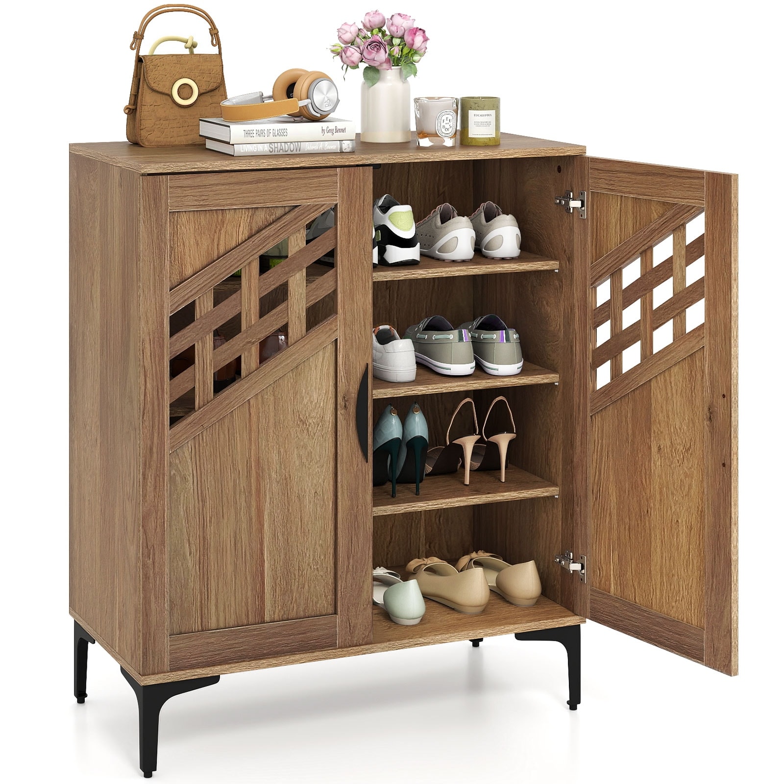 Gymax 4 Tier Shoe Cabinet w/ Doors Removable Shelves & Metal Legs for