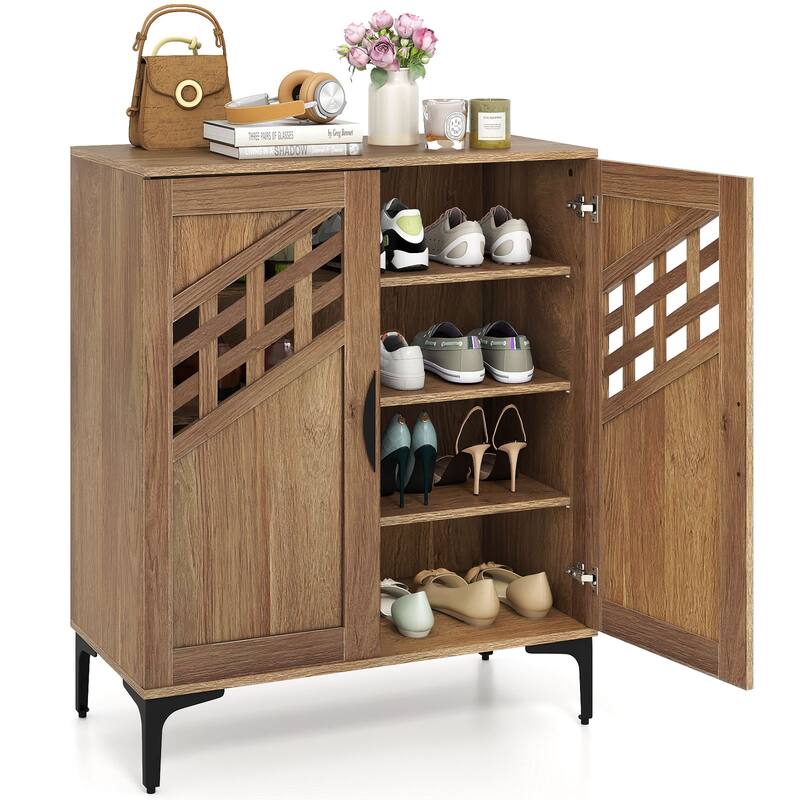 Gymax 4 Tier Shoe Cabinet w/ Doors Removable Shelves & Metal Legs for - Brown