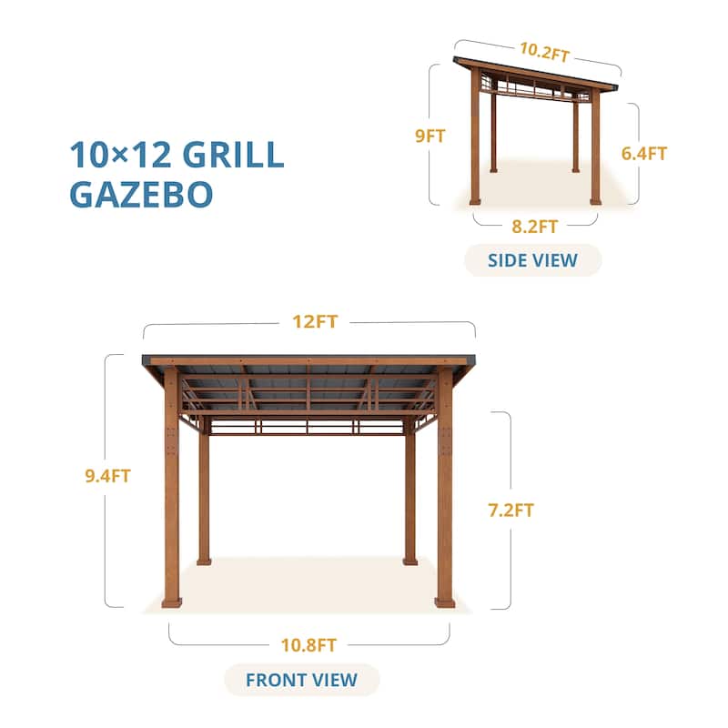 10x12 ft Outdoor Pavilion Wooden Gazebo with Hardtop Metal Roof Shelter for Patio, Backyard, Garden