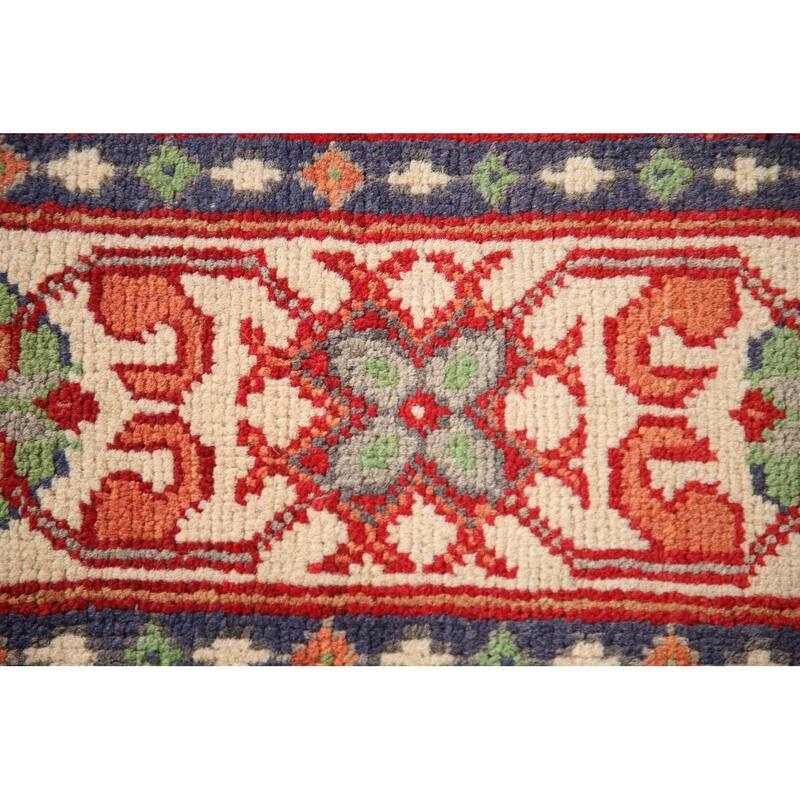Geometric Kazak Rug Hand-Knotted Grey Wool Carpet - 3'3"x 4'10"