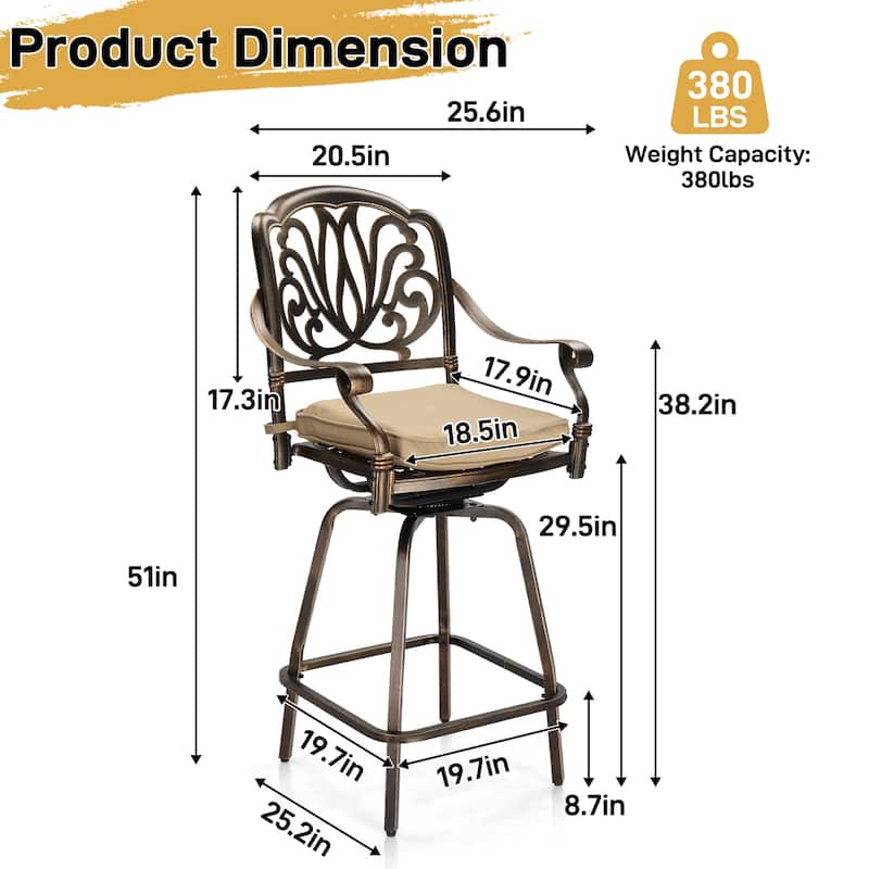 Set of 2 Aluminum Swivel Bar Stools with Thick Comfortable Cushions and Footrests for Patio or Porch - 25.2"D x 25.6"W x 51"H