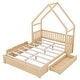 preview thumbnail 17 of 22, Wood Queen Size House Bed, Kids Platform Bed Frame with Guardrail Headboard, Modern Storage Bed with 2 Drawers