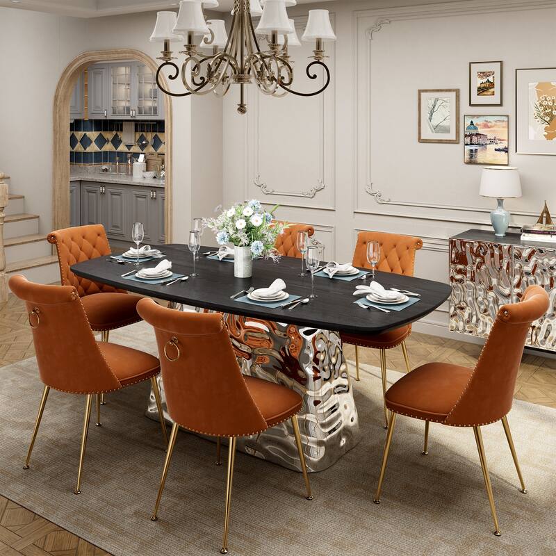 7-Piece Clihome Modern Stainless Steel Table Velvet Chair Dining Set