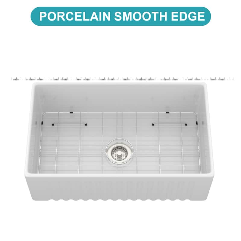 30" White Farmhouse Sink - Kitchen Sink Apron-front White Porcelain Ceramic Reversible Single Bowl Kitchen Farm Sinks