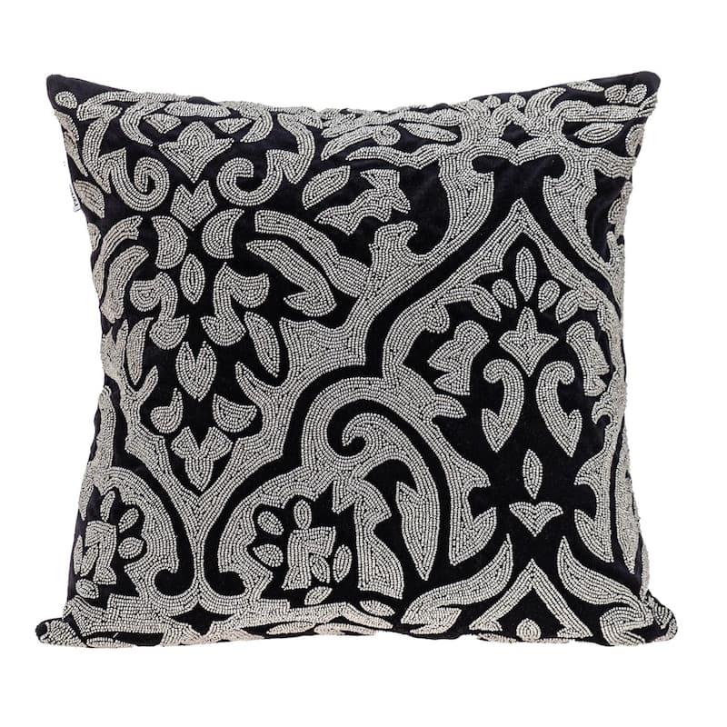 HomeRoots 18" Black and Silver Damask Velvet Throw Pillow With Beads