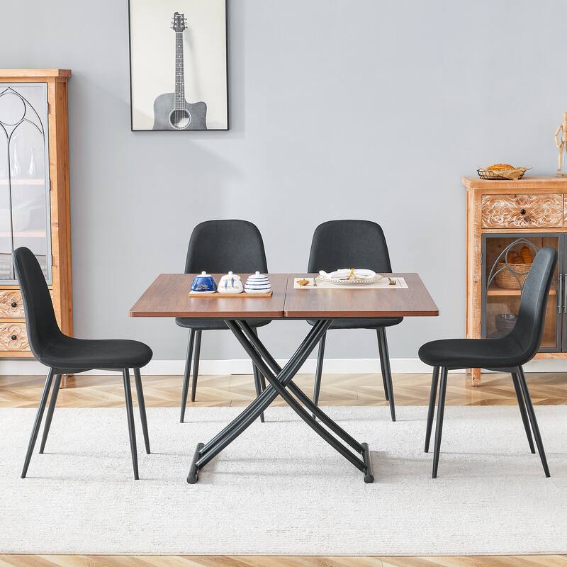 5-Piece Modern Lift Top Dining Table Set, Square Folding Wood Table with Metal Legs & 4 Linen Chairs for Small Spaces